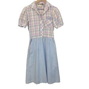 EJM Vintage Pastel Blue Checkered Short Sleeve Shirt Dress Collared Sz 5-6 VTG